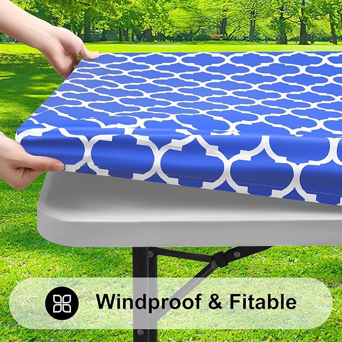 Smiry Rectangle Picnic Table Cover, Waterproof Elastic Fitted Camping Tablecloths for 8 Foot Tables, Wipeable Flannel Backed Vinyl Tablecloth Protector for Indoor, Outdoor (Blue, 36x96 Inches)