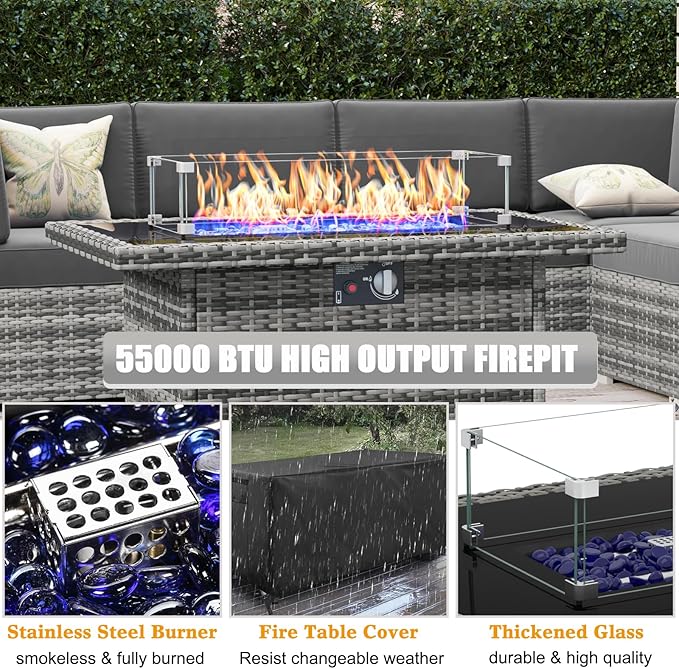LayinSun 8 Piece Patio Furniture Set with Fire Pit Table, Outdoor Conversation Sets Wicker Rattan Sectional Sofa with Coffee Table