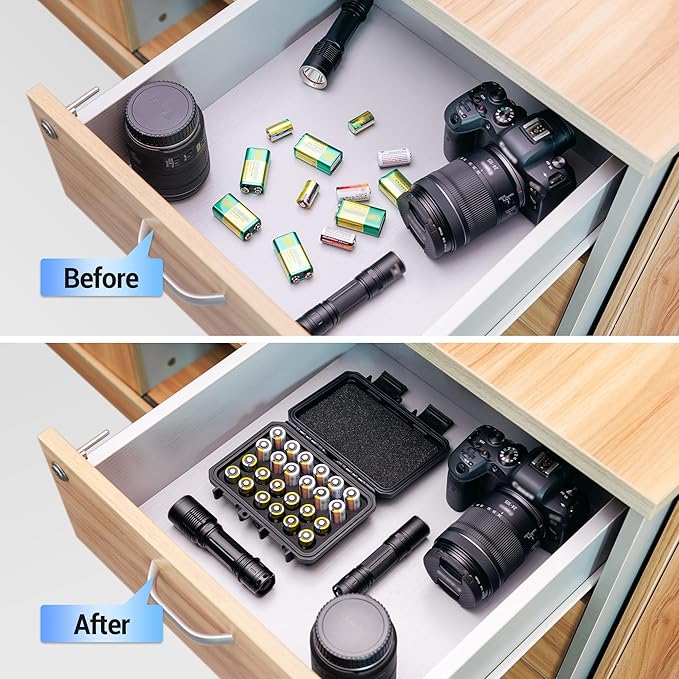 24 Slots CR2 CR123 CR123A Lithium Battery Organizer Case, IP67 Waterproof Hard Case for CR17345/CR16340/CR18350/CR15270(CR2) Explosionproof Batteries Storage Holder for Household Outdoor Camping