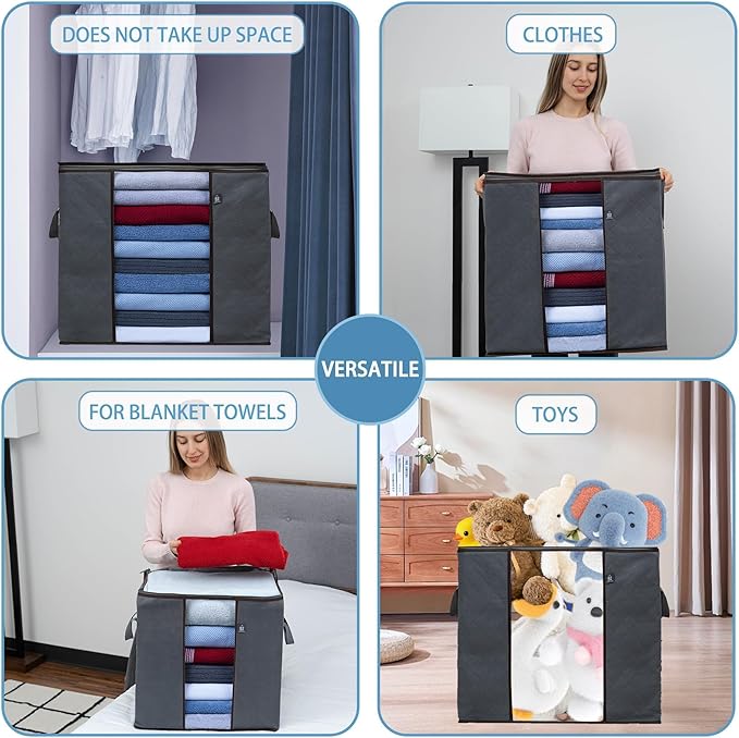 VENO 3 Pack Clothes Storage Bag Organizer with Reinforced Handle Thick Fabric for Comforters, Blankets, Bedding, Foldable with Sturdy Zipper, Clear Window, Reusable (Tall 24 Gallon)