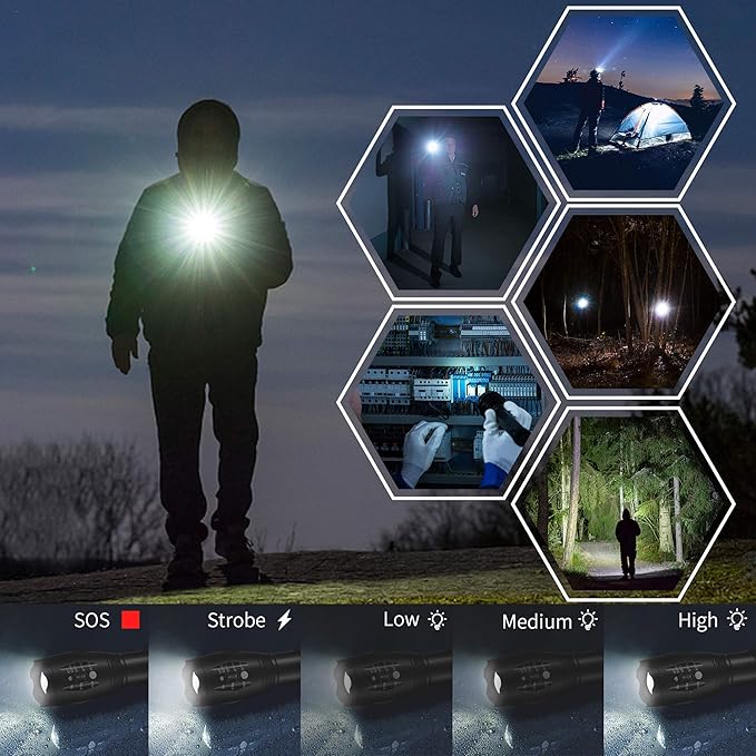 LED Flashlights, 2 Pack Tactical Flashlight High Lumens Lights with 6Pack AAA Batteries Portable Waterproof Zoomable Flashlight with 5 Mode for Camping/Outdoor/Hiking/Gift-Giving/Emergency