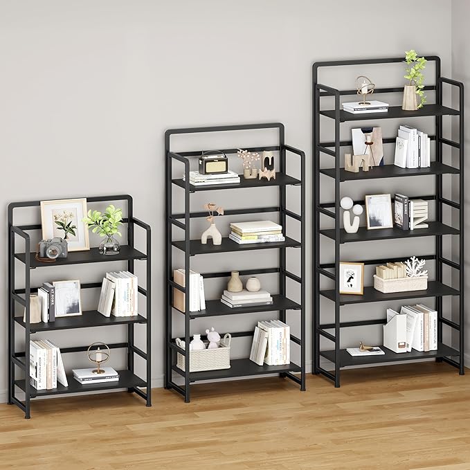 No Assembly Folding Bookshelf, 5 Tiers Collapsible Book Shelf for Home Office, Vintage Wood Foldable Bookcase Storage Organizer for Living Room Bedroom (Black)