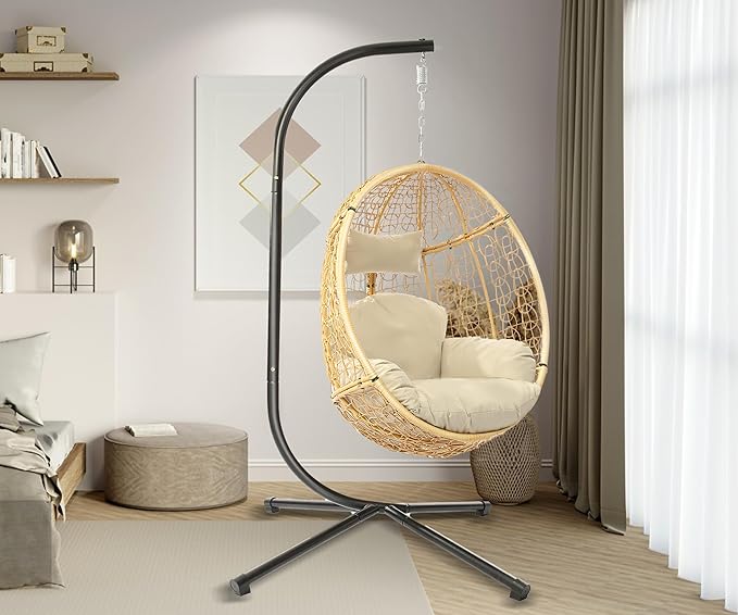 DoubleTT Indoor/Outdoor Wicker Swing Egg Chair Hammock Hanging Chair Nest Basket with Stand, UV Resistant Removable & Washable Cushions,350LBS Capacity for Bedroom, Balcony, Garden (Yellow and Beige)