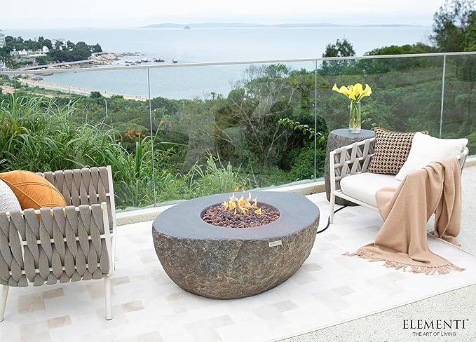 Elementi | Bundle Boulder Gas Fire Pit Cast Concrete Semi-Round Fire Table, Outdoor Fire Pit Electronic Ignition | Canvas Cover, Lava Rock Included | Propane Gas