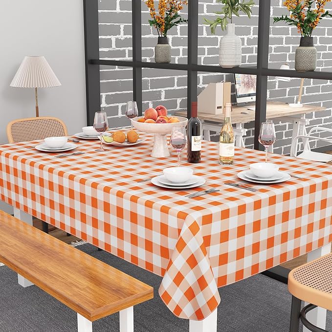 misaya Rectangle Waterproof Vinyl Table Cloth, Buffalo Flannel Backed Tablecloth, Wipeable Plastic Table Cover for Dinner, Kitchen, Picnic (60" x 120", Orange and White)
