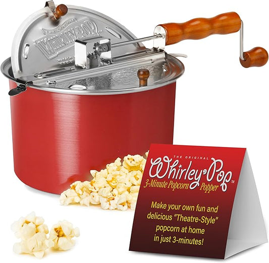 Original Whirley Pop Popcorn Maker - 6 Quart Popcorn Popper, Aluminum Popcorn Maker With Metal Gears, Wabash Valley Farms Stove Top Popcorn Maker, Gourmet Popcorn Pot, Culinary Popcorn Popper (Red)