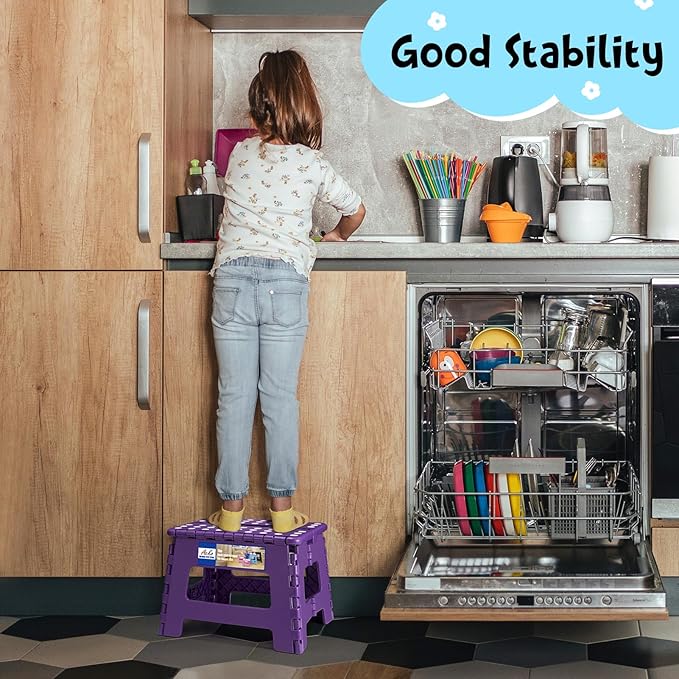 ACKO Folding Step Stool 9 Inch 300 lb Capacity, Plastic Foldable Step Stools for Kids and Adults, Folding Stools Suitable for Kitchen, Stepping Stool with Handle Purple 1PC