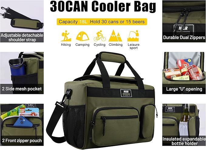 MIER Large Lunch Box for Men Women Adult Insulated Soft Sided Cooler 30 Can Leakproof Lunch Bag Collapsible for Work Travel Camping Beach, 18L (Green-No Luggage Strap)