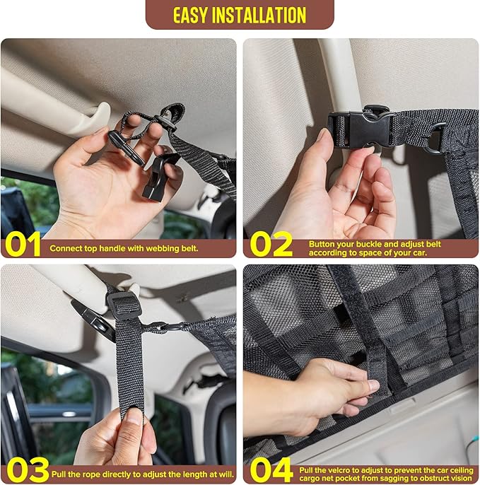 Car Ceiling Cargo Net Pocket Storage Net,29.5"x19.7" Adjustable D-Buckle to Reduce Sagging Roof Storage Organizer,Double-Layer Mesh SUV for SUVs,Road Trips,Car Camping Essentials