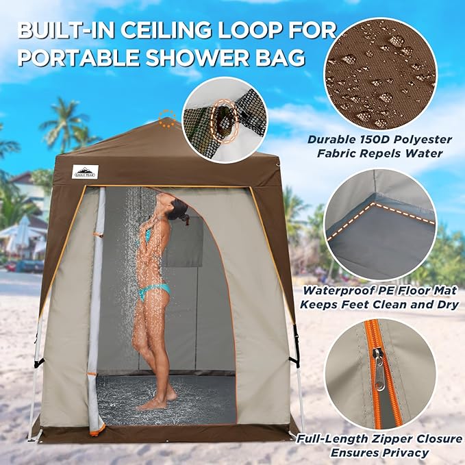 EAGLE PEAK 5x5 Pop Up Privacy Tent with Ground Mat, Portable Changing Room & Outdoor Shower Tent, Portable Canopy for Camping, Pool, Photoshoots or Toilet Shelters 6x6 Base 5x5 Top (Gray/Brown)