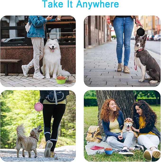 PetBonus 2-Pack Silicone Collapsible Dog Bowls, BPA Free Dishwasher Safe, Portable Foldable Expandable Travel Bowl, Food Water Feeding Cup Dish for Dogs Cats with 2 Carabiners (Turquoise, Tan)