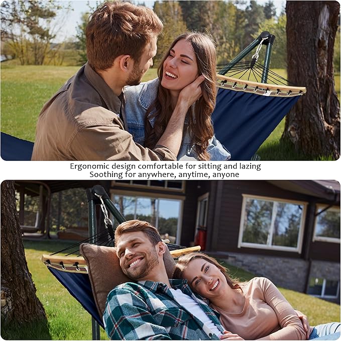 Tranquillo Ultimate Relaxation Portable Hammock Stand with Cotton Canvas, Spreader Bar, Quick Fold Unfold in 30 Seconds Steel Frame Hammock 600 lbs Capacity, Hammock Stand Outdoor, Hammock Set, Navy