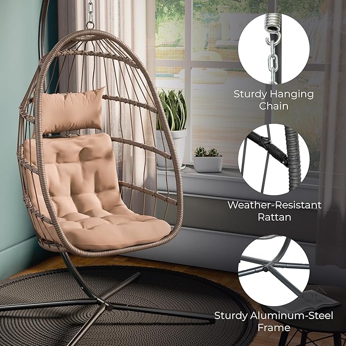 Econohome Hanging Egg Chair with Stand - Indoor/Outdoor Swing Hammock Chair with Plush, Washable Cushions, 350LBS Capacity, Ideal for Relaxation in Bedrooms, Balconies, Gardens, and Patios