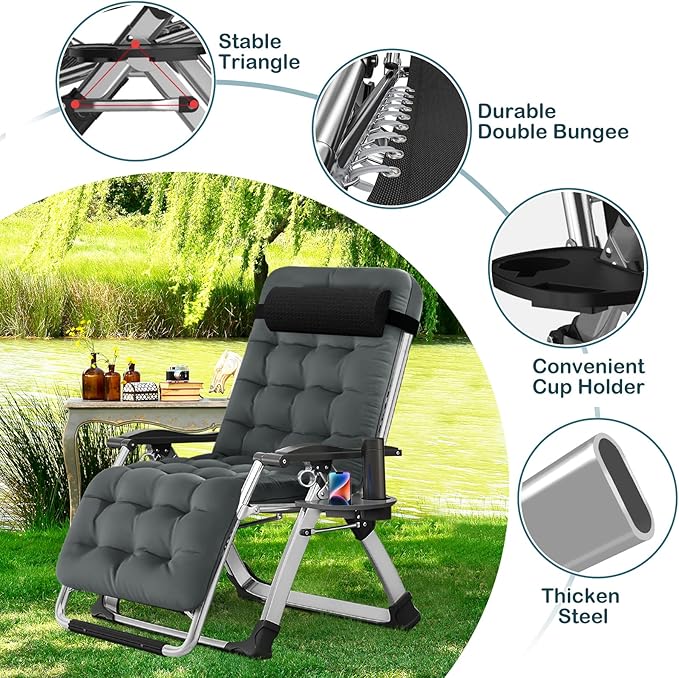 NAIZEA Padded Zero Gravity Chair, Folding Outdoor Lounge Chairs, Adjustable Reclining Camping Chairs with Cup Holder, Ergonomic Patio Lawn Chair for Balcony Beach Deck Yard