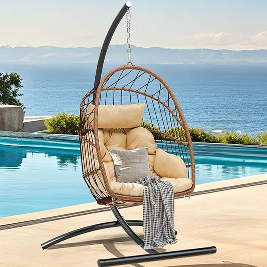 DWVO Egg Chair with Stand, Hanging Outdoor Rattan Wicker Patio Hammock Indoor Egg Chair with Cushion, Hanging Swing Chair 300lbs for Porch, Garden, Bedroom, Balcony, Beige