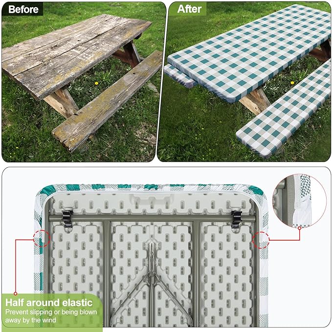 Picnic Table Cover with Bench Covers Camping Essentials Waterproof Windproof Camping Tablecloth with Drawstring Bag, Fitted Rectangle Tables and Seats, 60in, White Green Checkered