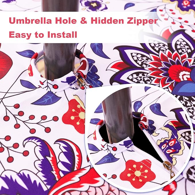 SquarePie Outdoor Indoor 60'' Round Tablecloth with Umbrella Hole and Zipper, Waterproof Patio Zippered Table Cloths for Spring Summer Party Picnic, Gorgeous Flowers