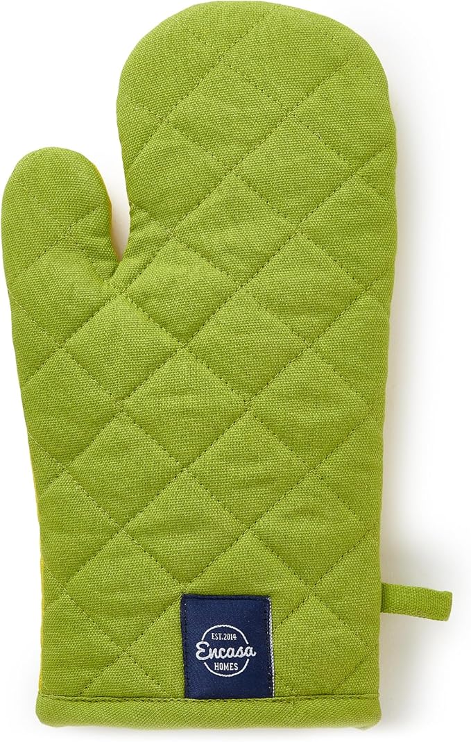 Encasa XO Heat Resistant Cotton Oven Gloves Mitts (2 Pc Set) - Quilted & Safe 12x7 in - for Kitchen, Cooking & Baking, Grilling, Handling Hot Pots & Pans - Lime Green