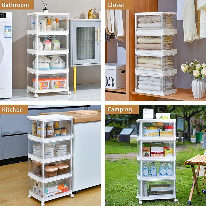 Collapsible Plastic Storage Bins with WheelsClear Stackable Storage Bins with Lid Stackable Storage Bins with Open Door Folding Storage Bins Organizer for Closet Bedroom Living Room