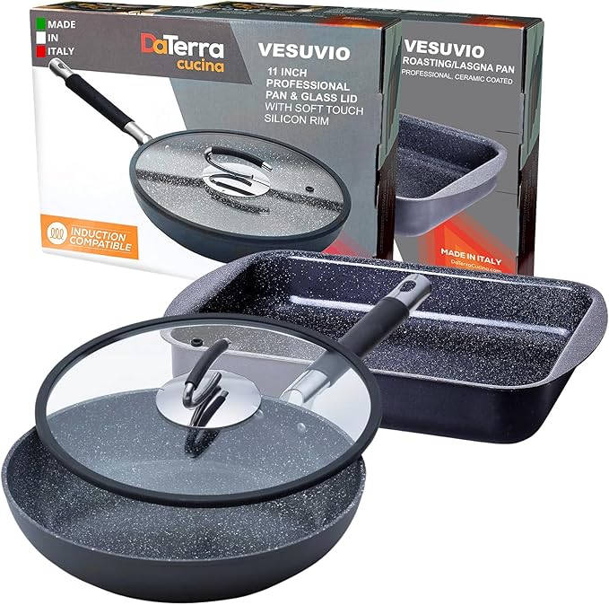 DaTerra Cucina Nonstick Ceramic Frying Pan (11") & Roasting Pan (16.1"x11.7"x2.7") Bundle - Oven Safe, Stovetop Compatible, PTFE & PFOA Free, Volcanic Black, Made in Italy