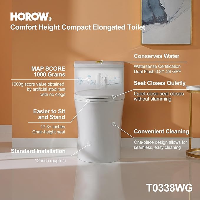 HOROW T0338WG One Piece Toilet with Gold Button, Elongated Toilet with Comfort Seat Height, ADA Chair Height 17.3", Dual Flush 0.8/1.28 GPF & MAP 1000g, Standard White Toilet Bowl, Gold Tank Button