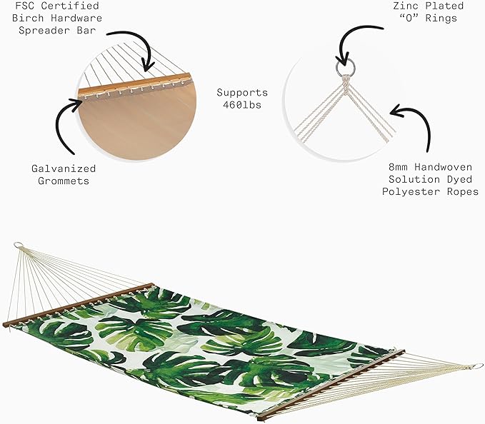 Fab Habitat Tropical Botanical Recycled Polyester Hammock - Panama - Green - Indoor/Outdoor, Quick Dry, 2 Person 460 lbs Capacity - Patio, Poolside, Backyard, Garden, Beach - 12-14 ft Adjustable