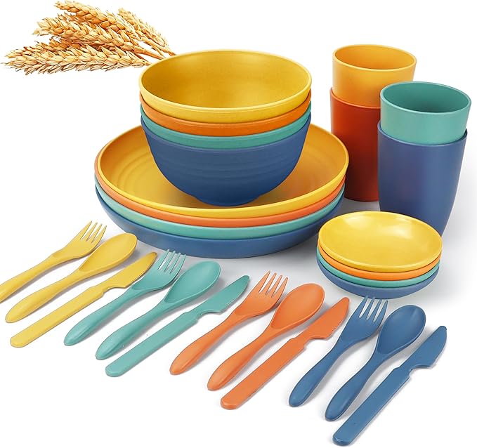 Wheat straw plates and bowls sets with cutlery - Unbreakable wheat straw dinnerware sets of 28 - Microwave safe plates,bowls,cups for camping,kitchen,new apartment.Colorful