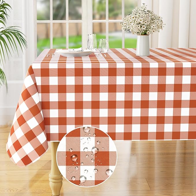 misaya Rectangle Waterproof Vinyl Table Cloth, Buffalo Flannel Backed Tablecloth, Wipeable Plastic Table Cover for Dinner, Kitchen, Picnic, (60" x 102", Rust and White)