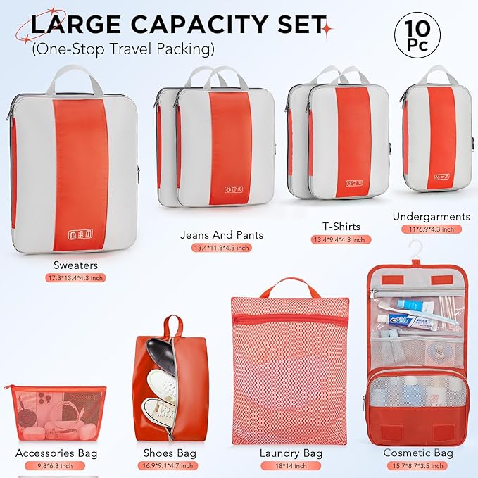 10 Set Compression Packing Cubes for Travel Essentials,Compressible Expandable Packing Cubes for Suitcase,OlarHike Luggage Organizer Bags for Travel,Handy Helper for Organizing Clothes(Orange)
