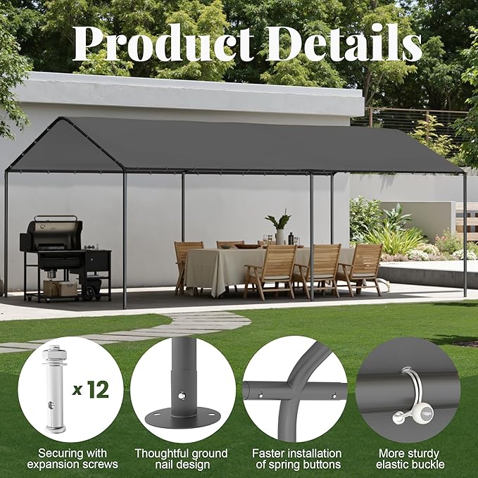 Carport, 10‘ x 20’ Heavy Duty Portable Garage All-Season Car Canopy w/Removable Sidewall & Doors, Carport Canopy Party Tent w/Water-Resistant Tarp for Backyard (Grey, 10' x 20' /no Side)