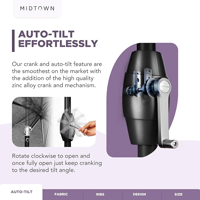 Midtown Umbrellas Sunbrella Umbrella 9 Feet Outdoor Umbrella With Black & White Acrylic Fabric - Auto-Tilt Aluminum Frame Patio Umbrella For Backyard, Deck, Garden, Pool - Black Pole