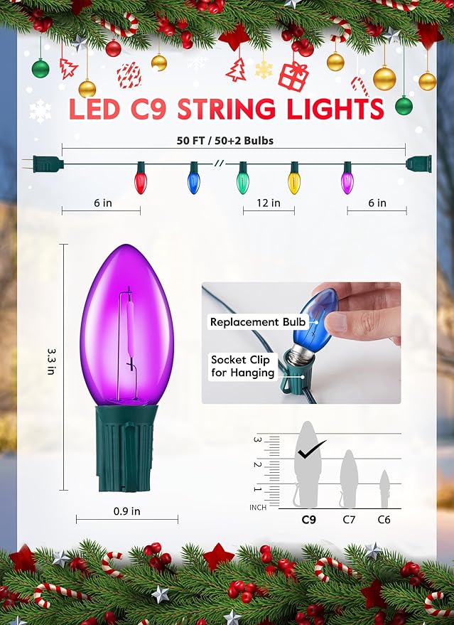 Vintage C9 LED Christmas Lights Outdoor - 50 Feet String with 50 Colored Bulbs, Waterproof Connectable Lights for Holiday Party Roofline, Backyard, Garden, Patio, Green Wire