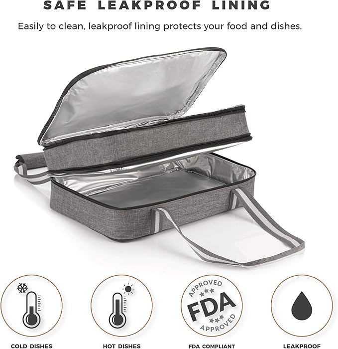 Stack Store Plus More Insulated Casserole Carrier for Hot or Cold Food, Lasagna Holder for Picnic, Potluck, Cookout - Fits 9” x 13” and 11” x 15” Baking Dish – Expandable Double Thermal Bag in Gray