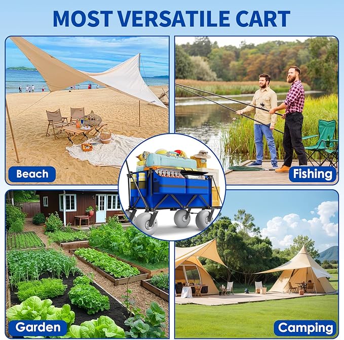 Beach Wagon with Big Wheels for Sand - 450lbs Load Heavy Duty Wagons Carts Foldable with 9" All Terrain Inflatable Tires, Collapsible Beach Cart for Grocery Shopping Garden Sports Camping Outdoor