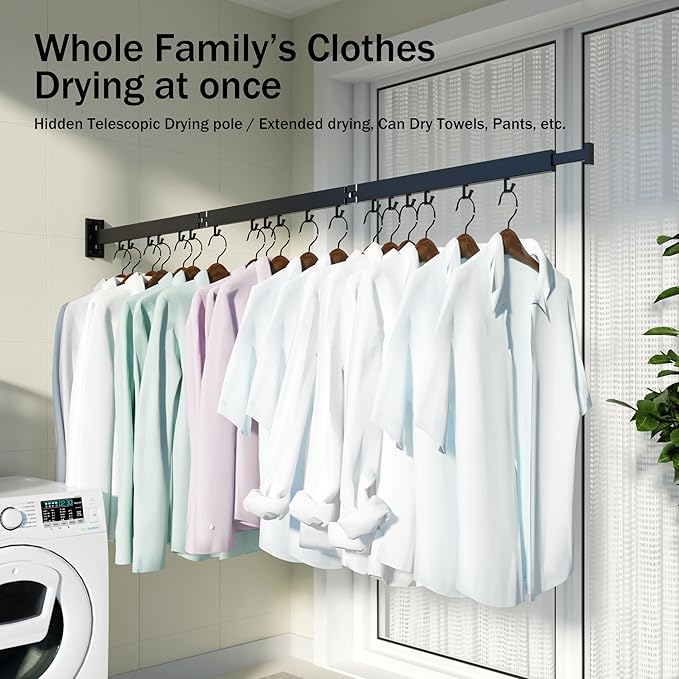Clothes Drying Rack for Laundry,Wall Mounted Clothes Hanger Rack,Folding,Retractable,Collapsible(J Shape Hooks)