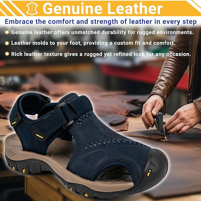 Men's Sport Sandals Closed Toe Leather Hiking Athletic Walking Outdoor Beach Trail River Fishing Water Shoes Lightweight Comfortable Waterproof