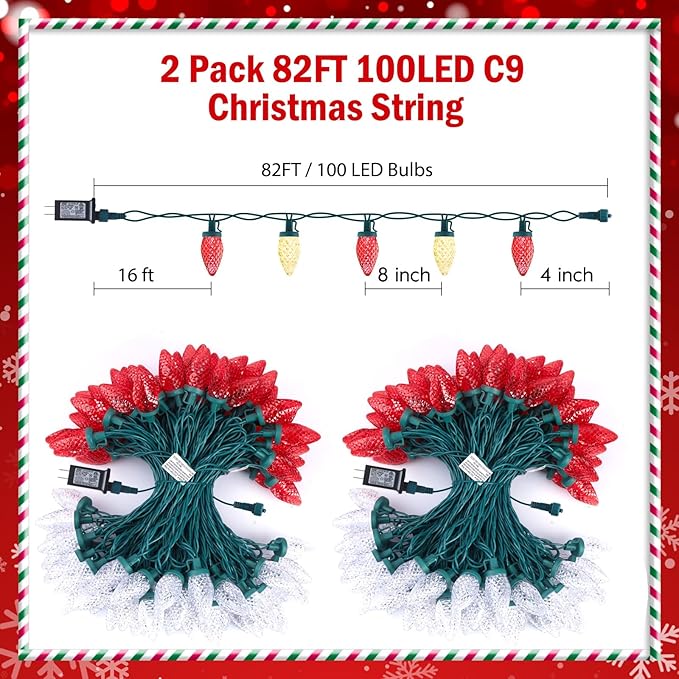 2 Pack C9 LED Christmas String Lights - Each 82ft 100 LED Outdoor String Lights with Timer and 8 Lighting Modes, Plug in Extendable Roofline Lights String for Outside Yard Christmas Holiday Decoration