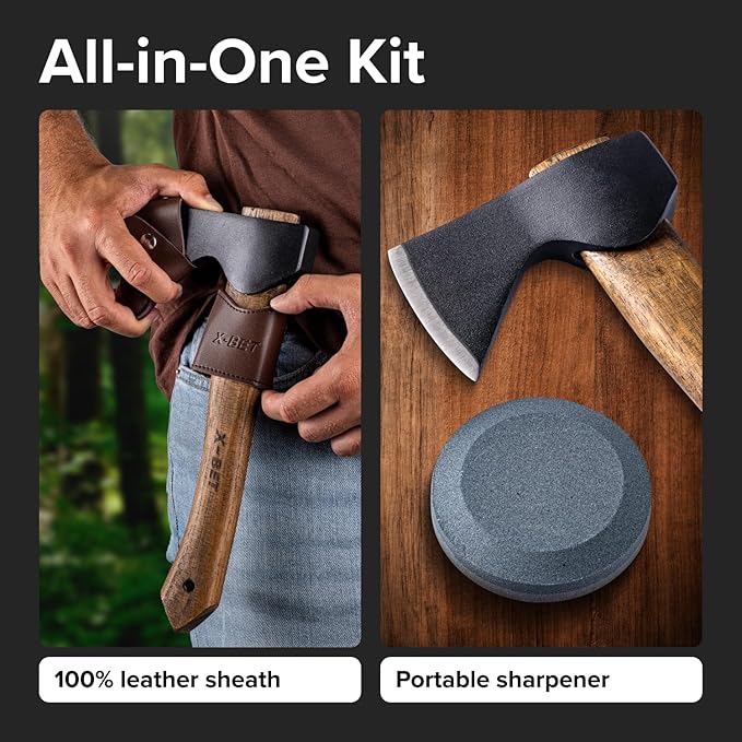 X-bet MAGNET 12" Hand-Forged Hatchet with Sheath and Sharpener - Camping Axe, Bushcraft and Survival Hatchet Spring Steel Blade - Small Axe Perfect for Wood Carving, Cutting, Splitting and Gardening