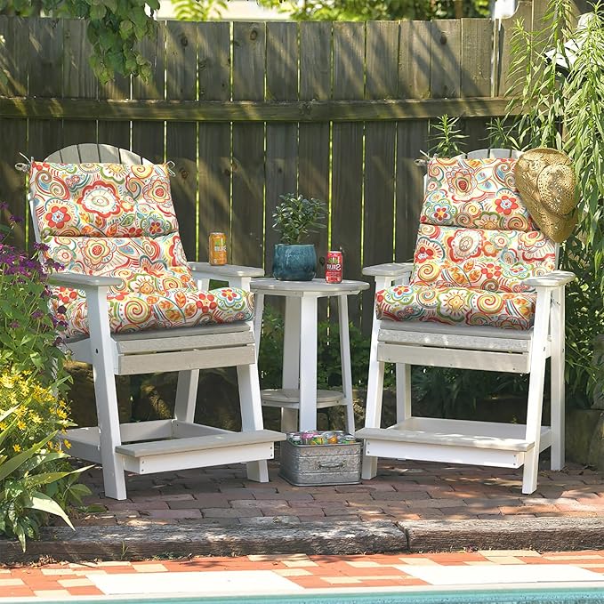 LVTXIII Outdoor Seat/Back Chair Cushion Patio Tufted High Back Cushion, Seasonal Replacement Rocking Chair Cushion with Ties (22” W x 20D”, Set of 2, Flower Red)