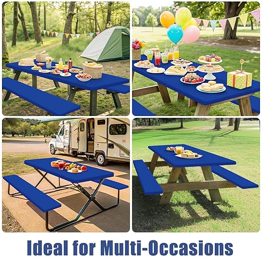 Picnic Table Cover with Bench Covers, Elastic Fitted Spandex Tablecloths for 6 Foot Rectangle Tables, Stretch Washable Patio Tablecloth for Outdoor, Camping (Blue, 30"x72")