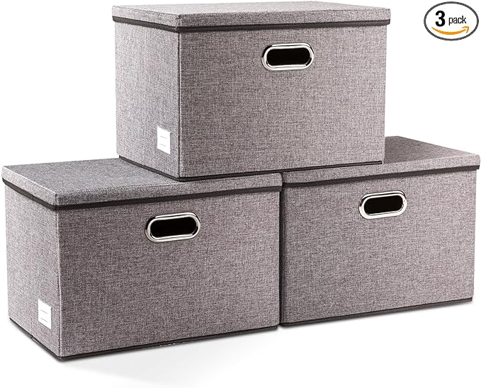 PRANDOM Large Collapsible Storage Bins with Lids [3-Pack] Linen Fabric Foldable Storage Boxes Organizer Containers Baskets Cube with Cover for Home Bedroom Closet Office Nursery (17.7x11.8x11.8)