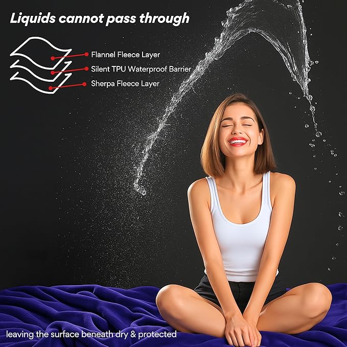 Waterproof Blanket King Size (Indigo, 82x82") Absorbent, Leakproof Fleece Protector for Bed, Couch - Water Proof and Stain Resistant, Plush Throw Blankets, Moisture Repellant Top Cover, Sherpa Throws