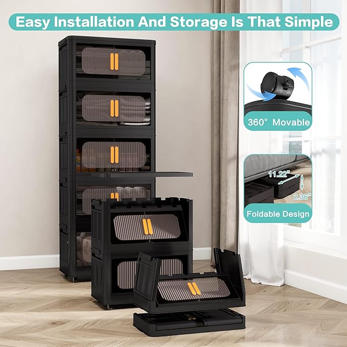Holaki 195 QT Collapsible Closet Organizers with Lid, 5 Tiers Stackable Plastic Storage Bins Cabinet with Wheels and Magnetic Door (Black)