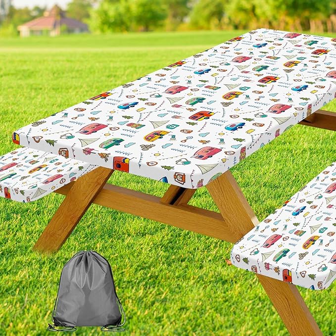 Picnic Table Cover with Bench Covers, Colorful Cartoon Camping Icons Elastic Edges, Waterproof Windproof Fitted Tablecloth, for Outdoor Camping Patio Garden, Includes Drawstring Bag, 72 in