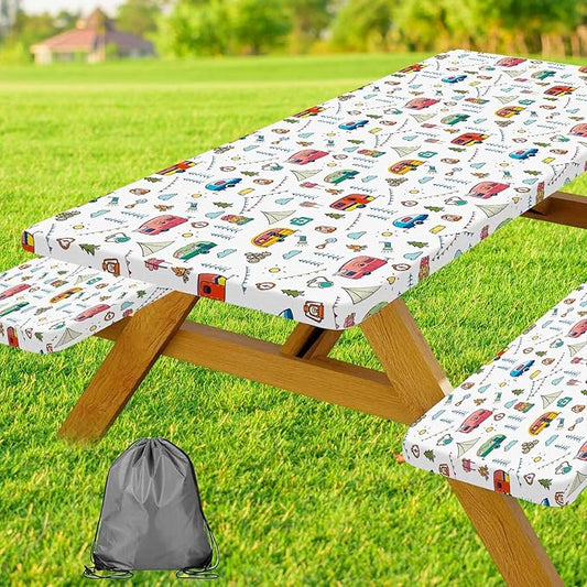 Picnic Table Cover with Bench Covers, Colorful Cartoon Camping Icons Elastic Edges, Waterproof Windproof Fitted Tablecloth, for Outdoor Camping Patio Garden, Includes Drawstring Bag, 72 in