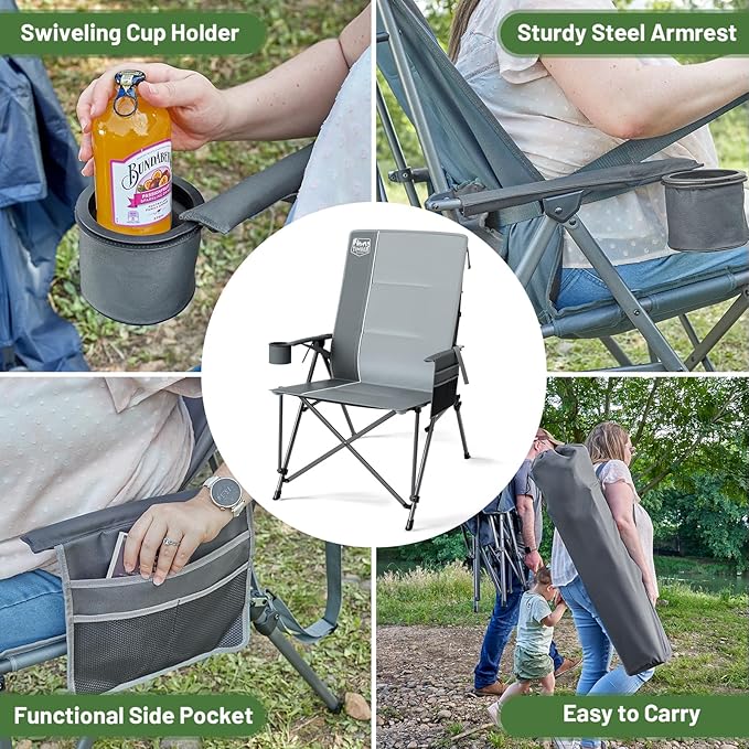 TIMBER RIDGE Oversized Camping Chair with Lumbar Support, Portable Folding Chair Heavy Duty for Adults Supports 450 LBS for Outdoor Camping, Lawn, with High Back, Cup Holder, Side Pocket - Grey