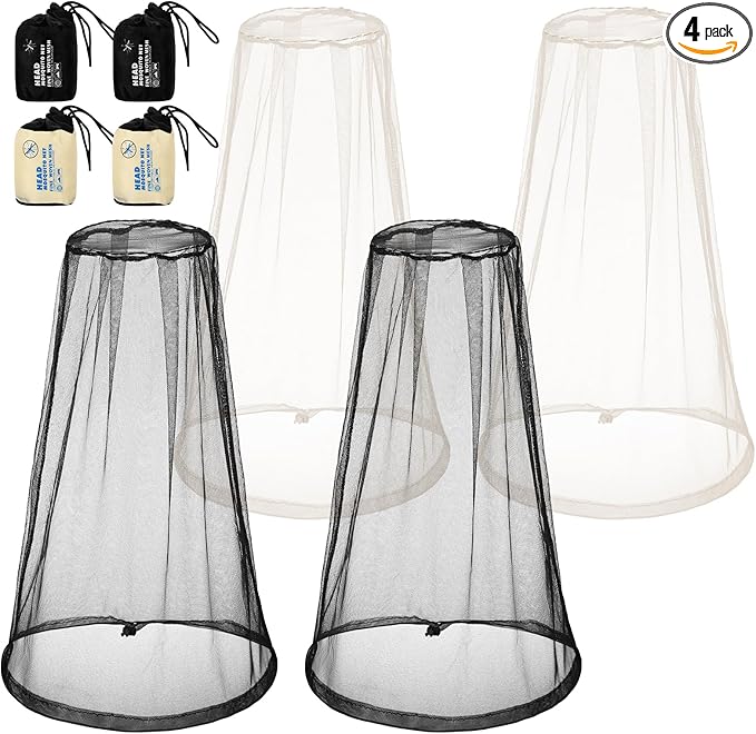HESTYA 4 Pack Mosquito Head Net Face Mesh Protecting Net for Outdoor Hiking Camping Climbing Mosquito Fly Insects Preventing(Black, Beige)