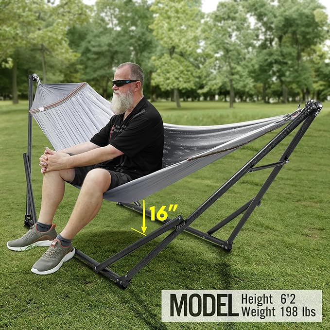 Tranquillo Universal Double Hammock with Stand Included for 2 Persons/Foldable Hammock Stand 600 lbs Capacity Portable Case - Inhouse, Outdoor, Camping, Grey
