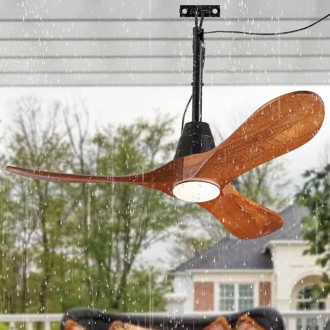 3 Blades Wood Outdoor Ceiling Fan with Light for Patios, Farmhouse Rustic Ceiling Fans with Lights, 42" Plug-in Wet Rated Outdoor Gazebo Fan for Exterior House Porch Patio, Waterproof,F247