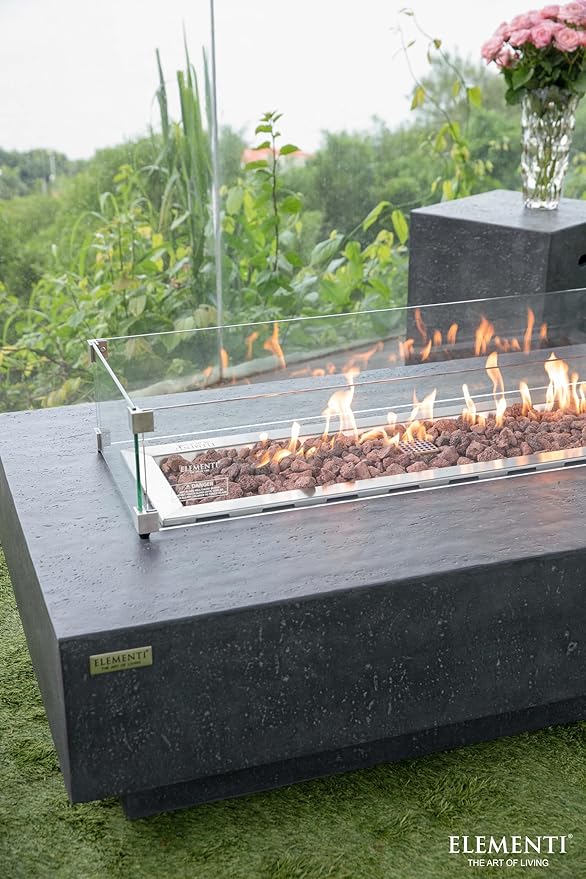 Elementi | Bundle Hampton Gas Fire Pit Cast Concrete 56" Rectangular Fire Table, Outdoor Fire Pit Electronic Ignition | Canvas Cover, Lava Rock Included | Dark Gray (Propane Gas)